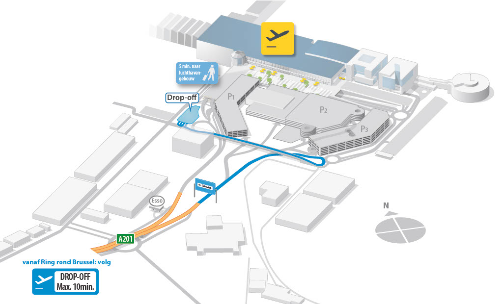 kaart van Brussels Airport met drop off locatie