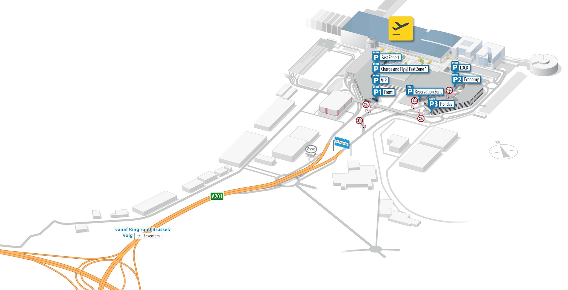 Kaart met de drop-off, bus en trein station, taxi, auto parks P2 and P3 gemarkeerd