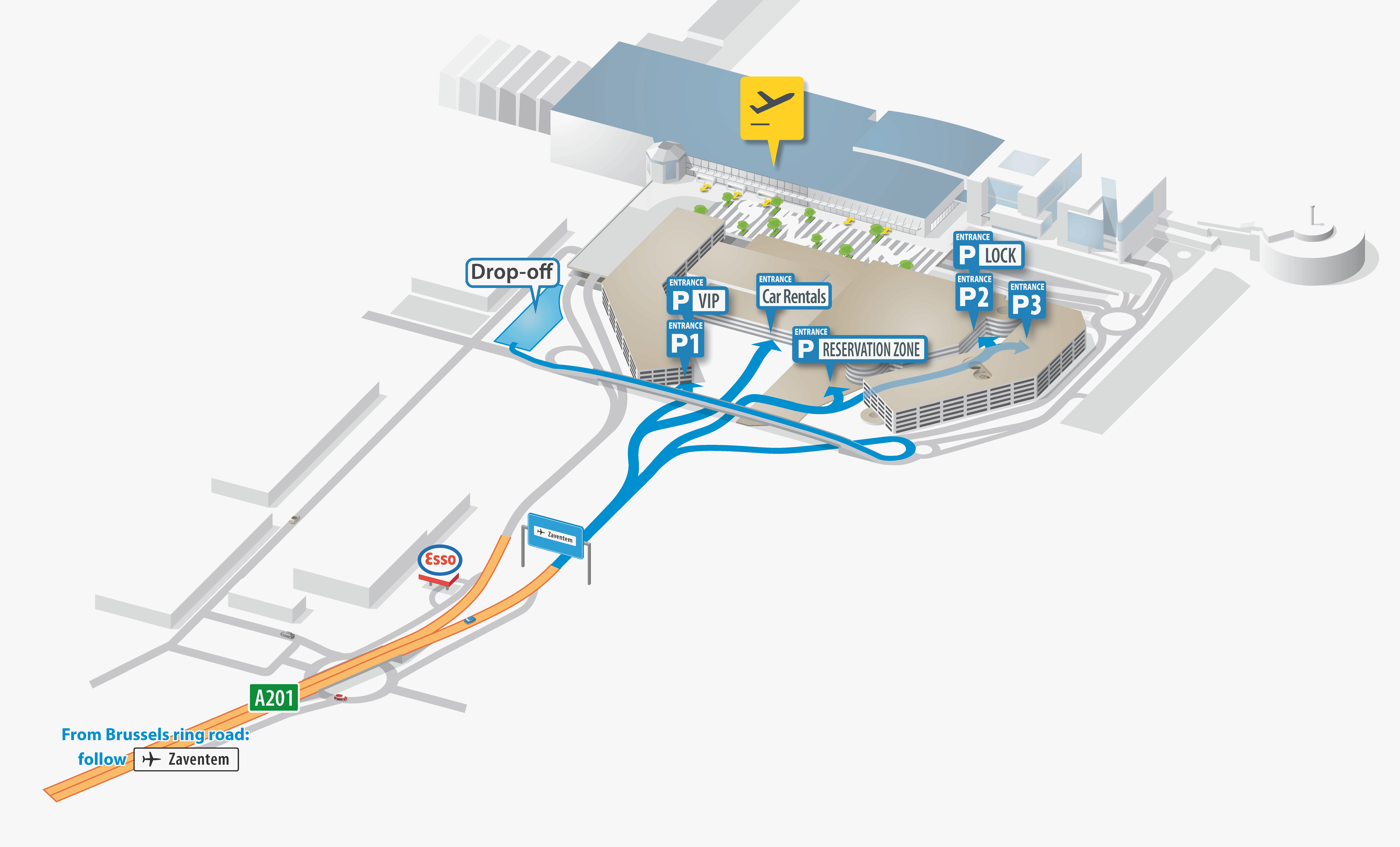 kaart van Brussels Airport met parking voor uitgebreid uitwuiven